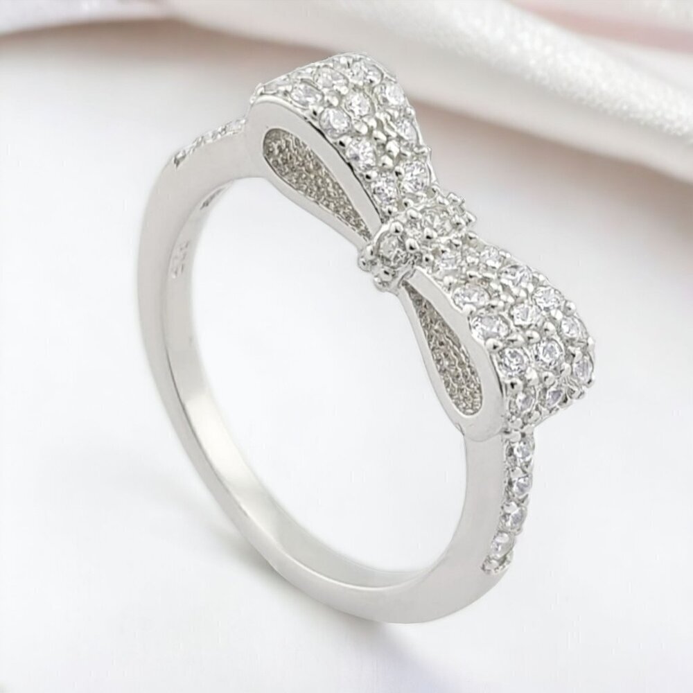 NWT Fashion Women's 925 Sterling Silver Clear Stone CZ Bow Tie Ring
